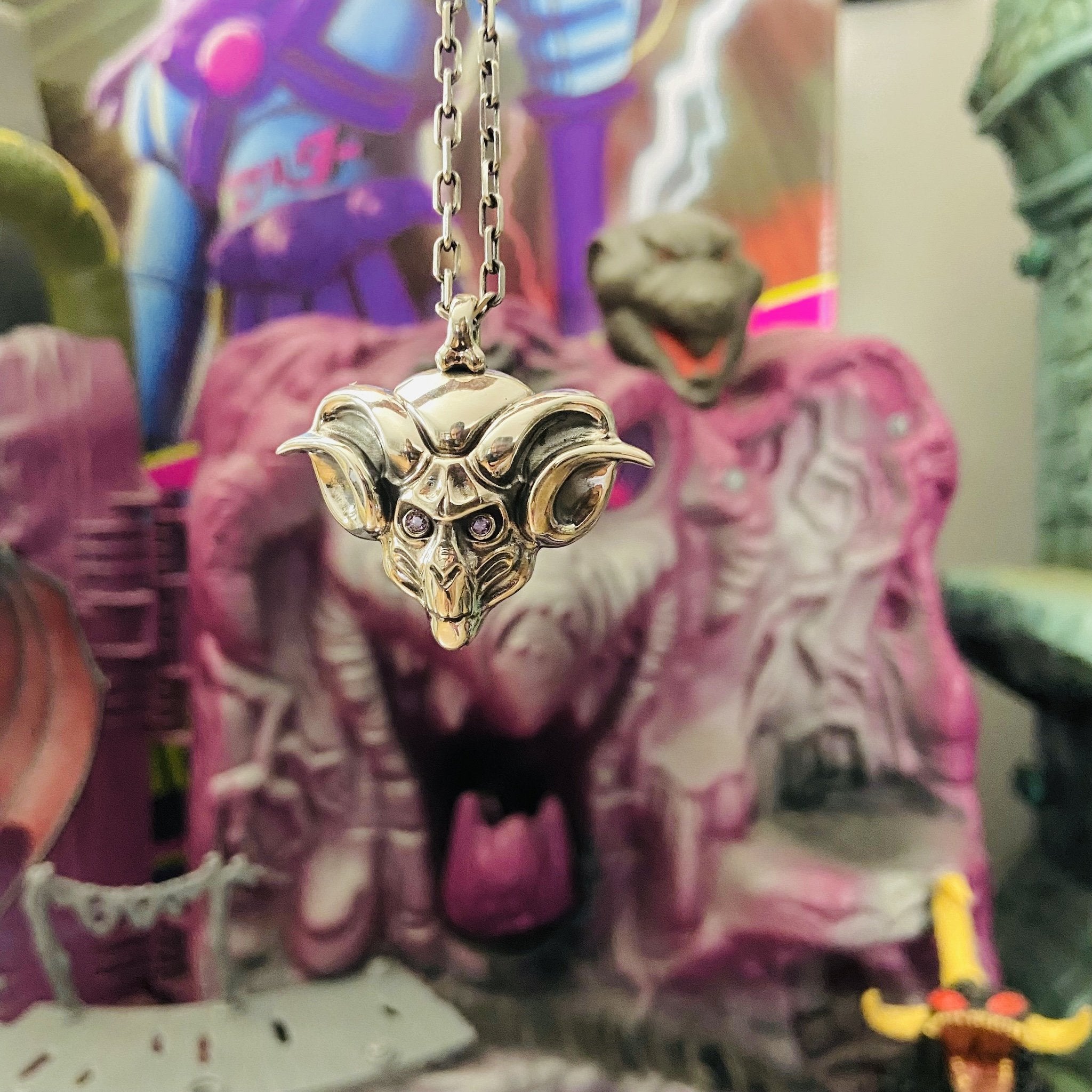 ram skull necklace, skeletor merch, heman and the masters of the universe jewelry