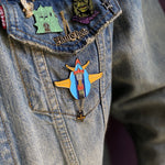 Shogun Warrior inspired raydeen enamel pin on demin pin jacker