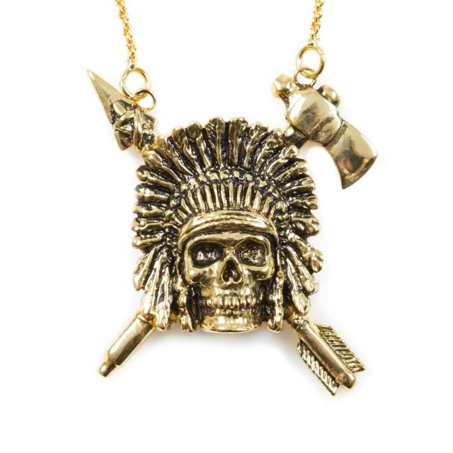 up close of the Indian Chief Necklace in gold from the han cholo skulls collection
