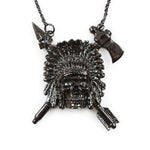 up close of the Indian Chief Necklace in gnumetal from the han cholo skulls collection