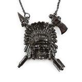 up close of the Indian Chief Necklace in gnumetal from the han cholo skulls collection