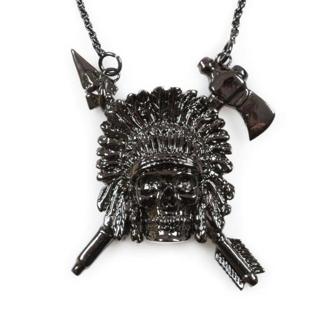 up close of the Indian Chief Necklace in gnumetal from the han cholo skulls collection