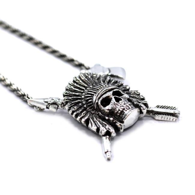 right side of the Indian Chief Necklace in silver from the han cholo skulls collection