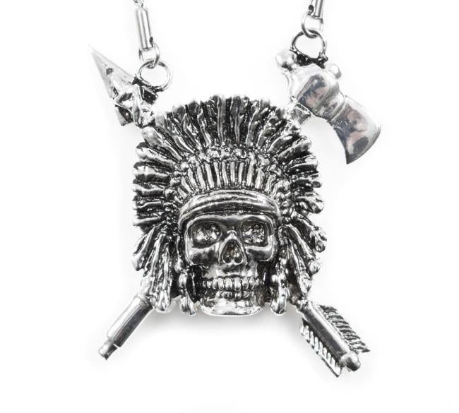 up close of the Indian Chief Necklace in silver from the han cholo skulls collection