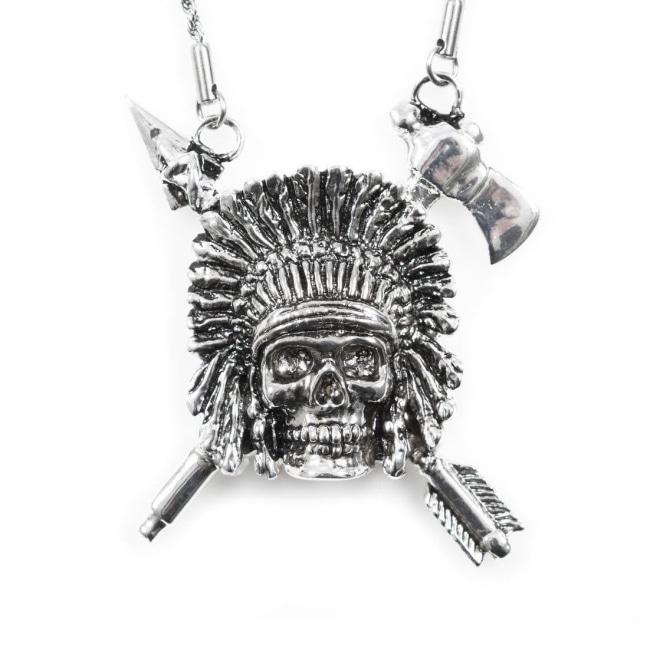 up close of the Indian Chief Necklace in silver from the han cholo skulls collection