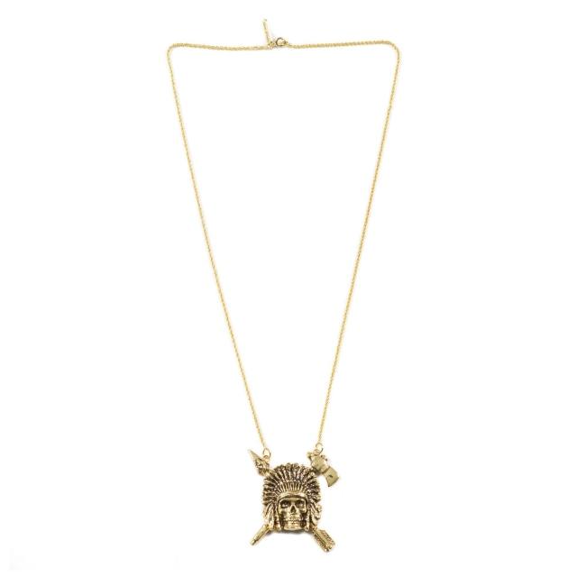 overshot of the Indian Chief Necklace in gold from the han cholo skulls collection
