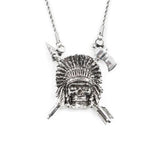 front of the Indian Chief Necklace in silver from the han cholo skulls collection