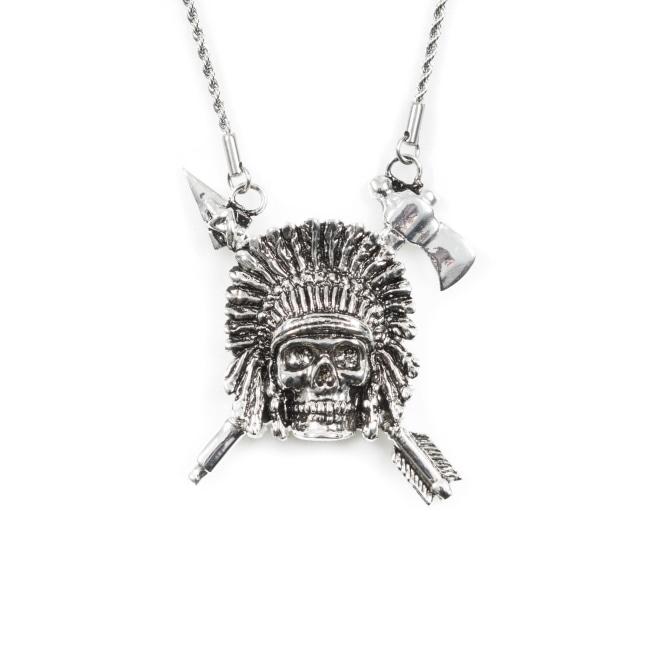 front of the Indian Chief Necklace in silver from the han cholo skulls collection