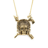 front of the Indian Chief Necklace in gold from the han cholo skulls collection
