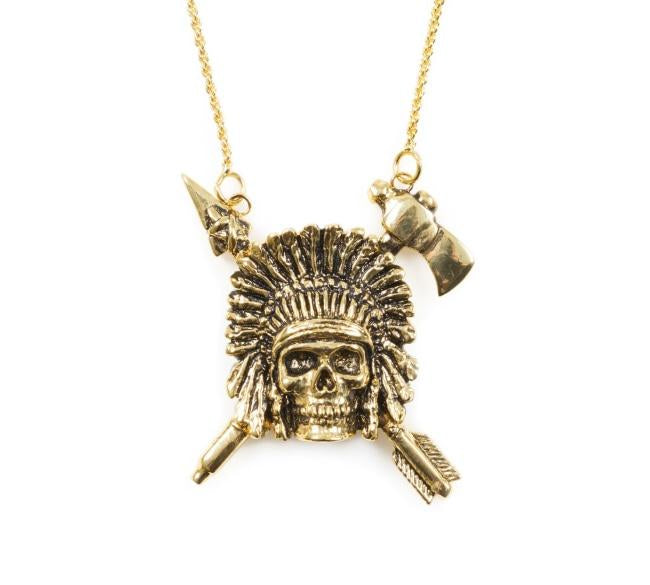 front of the Indian Chief Necklace in gold from the han cholo skulls collection