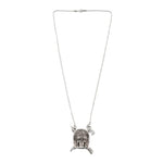 over shot of the Indian Chief Necklace in silver from the han cholo skulls collection