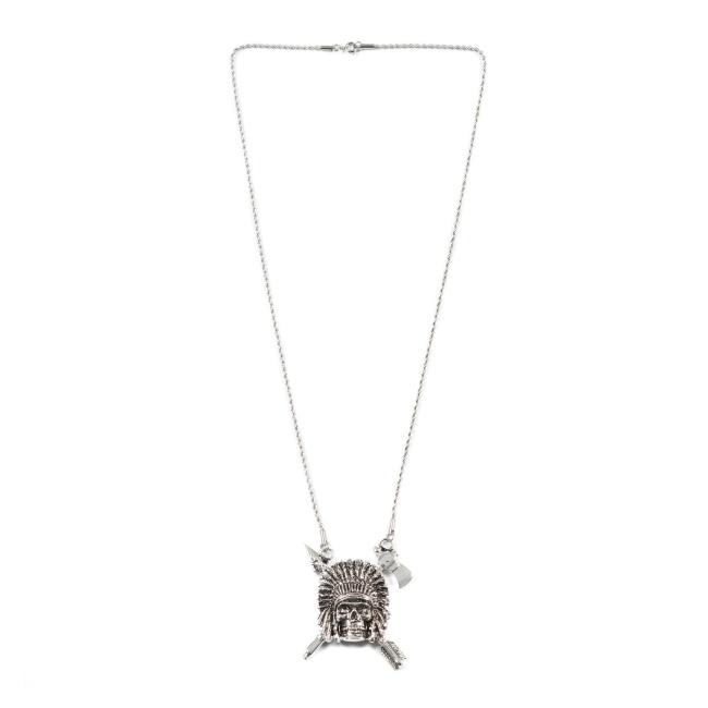 over shot of the Indian Chief Necklace in silver from the han cholo skulls collection