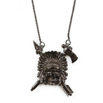 front of the Indian Chief Necklace in gnumetal from the han cholo skulls collection