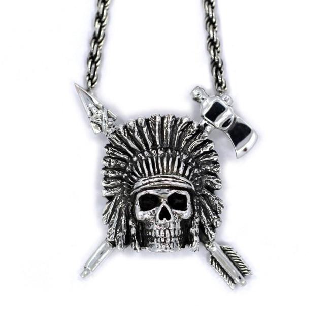 front of the Indian Chief Necklace in silver from the han cholo skulls collection
