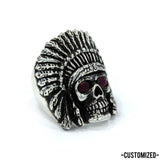 side of the Indian Chief Ring in silver with custom ruby eyes from the han cholo skull collection