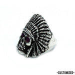 angle of the Indian Chief Ring in silver with custom ruby eyes from the han cholo skull collection