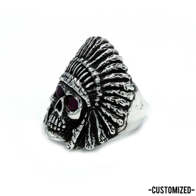 angle of the Indian Chief Ring in silver with custom ruby eyes from the han cholo skull collection