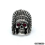 front of the Indian Chief Ring in silver with custom ruby eyes from the han cholo skull collection