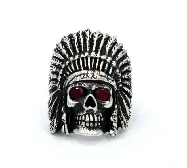 front of the Indian Chief Ring in silver with custom ruby eyes from the han cholo skull collection