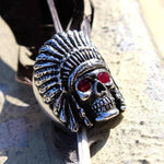 closeup of the Indian Chief Ring in silver with custom ruby eyes from the han cholo skull collection