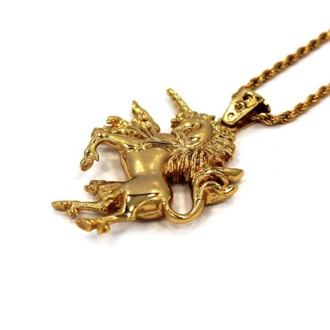 angled right view of the Last Unicorn Pendant in gold from the han cholo fantasy collection