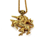 up close view of the Last Unicorn Pendant in gold from the han cholo fantasy collection