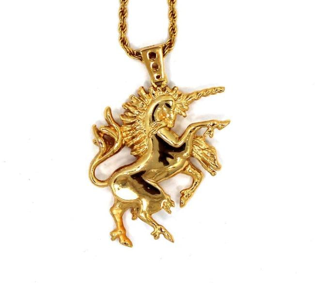 front view of the Last Unicorn Pendant in gold from the han cholo fantasy collection