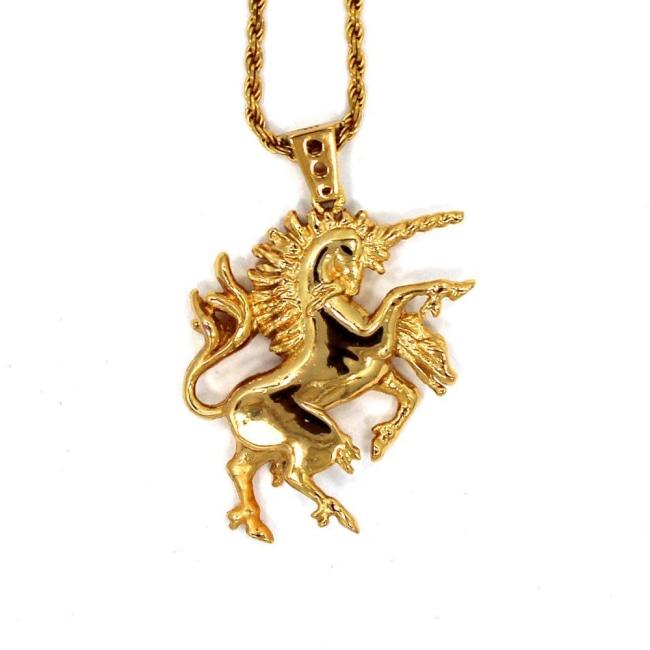 front view of the Last Unicorn Pendant in gold from the han cholo fantasy collection