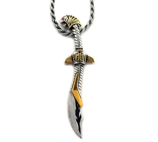 front view of the mighty morphin power rangers Legacy Saba Sword Pendant on a silver rope chain