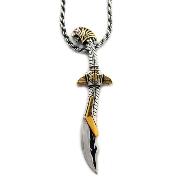 front view of the mighty morphin power rangers Legacy Saba Sword Pendant on a silver rope chain