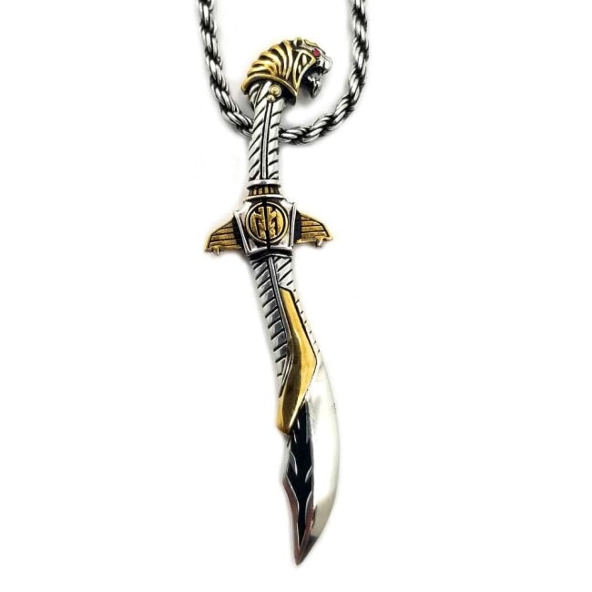back view of the mighty morphin power rangers Legacy Saba Sword Pendant on a silver rope chain