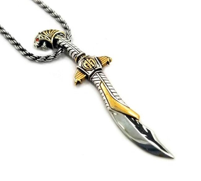 right view of the mighty morphin power rangers Legacy Saba Sword Pendant on a silver rope chain