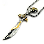 close left view of the mighty morphin power rangers Legacy Saba Sword Pendant on a silver rope chain