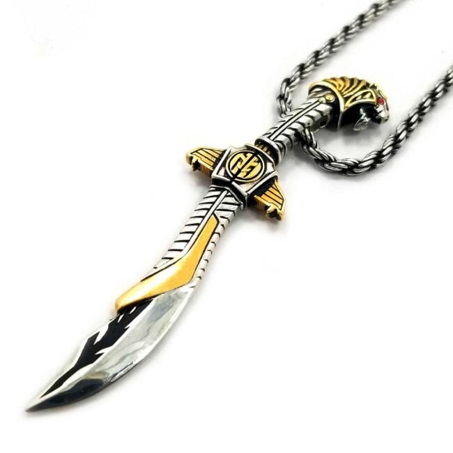 close left view of the mighty morphin power rangers Legacy Saba Sword Pendant on a silver rope chain