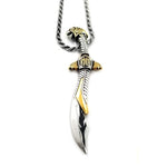 angled view of the mighty morphin power rangers Legacy Saba Sword Pendant on a silver rope chain