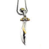 angled view of the mighty morphin power rangers Legacy Saba Sword Pendant on a silver rope chain
