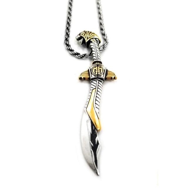 angled view of the mighty morphin power rangers Legacy Saba Sword Pendant on a silver rope chain