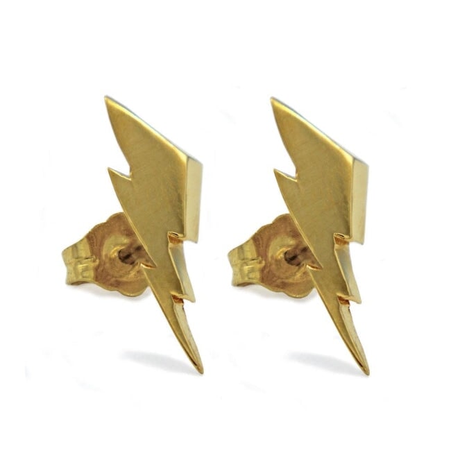 front view of the Mighty Morphin Power Rangers Bolt Earrings in gold on a white surface with shadow