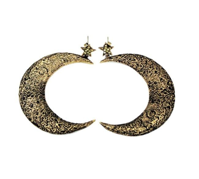 front shot of the Moon Earrings in gold from the han cholo fantasy collection