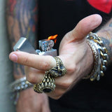 shot of a man wearing the Nugget Skull Ring in Gold from the han cholo skulls collection