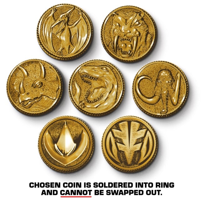 shot of all the power rangers coins in gold with a disclaimer at the bottom about soldering the coin