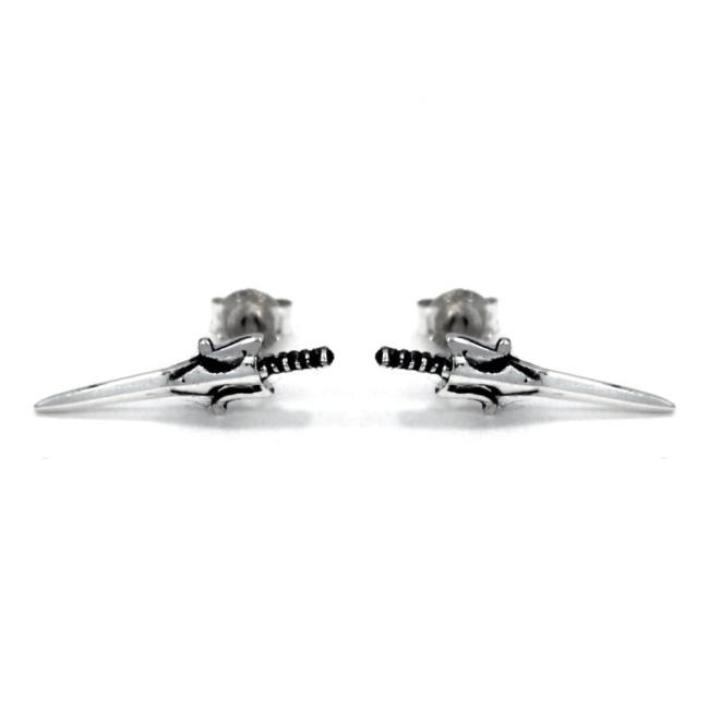 front of the power sword earrings in silver side by side from the masters of the universe collection