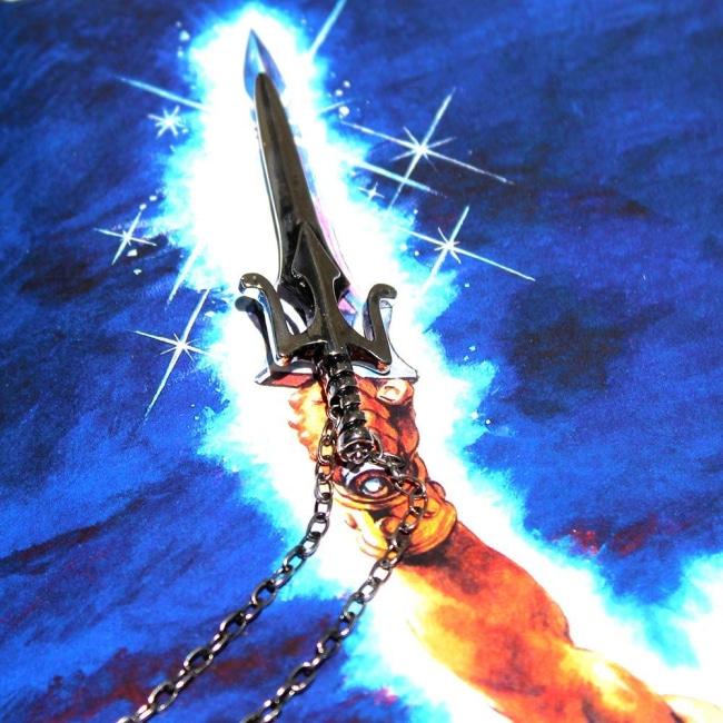 front shot of the Power Sword Pendant in silver on a he-man image