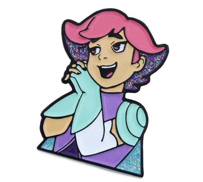 up close and angled view of the Princess Glimmer Enamel Pin showing the glitter detail