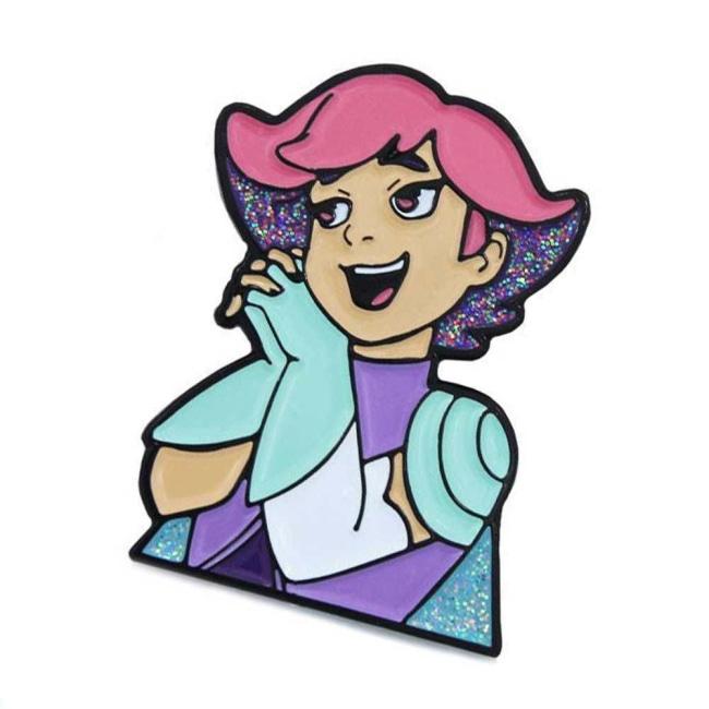 up close and angled view of the Princess Glimmer Enamel Pin showing the glitter detail