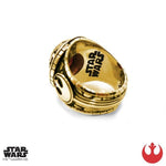 logo detail of the Rebel Class Ring in gold from the han cholo star wars collection