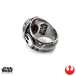 inside logo detail of the Rebel Class Ring in silver from the han cholo star wars collection