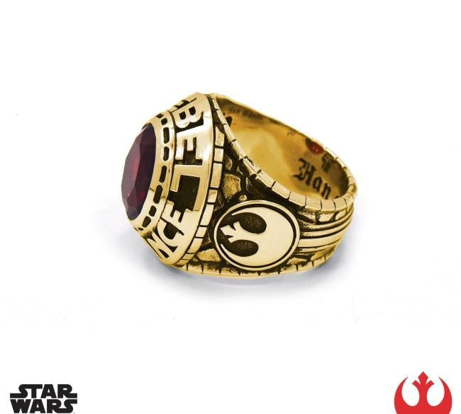 left side of the Rebel Class Ring in gold from the han cholo star wars collection