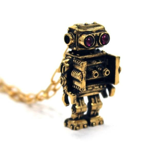 left angle view of the Robot Pendant in gold on a white background