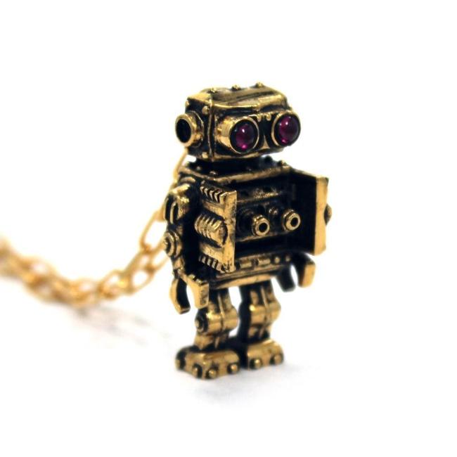 left angle view of the Robot Pendant in gold on a white background